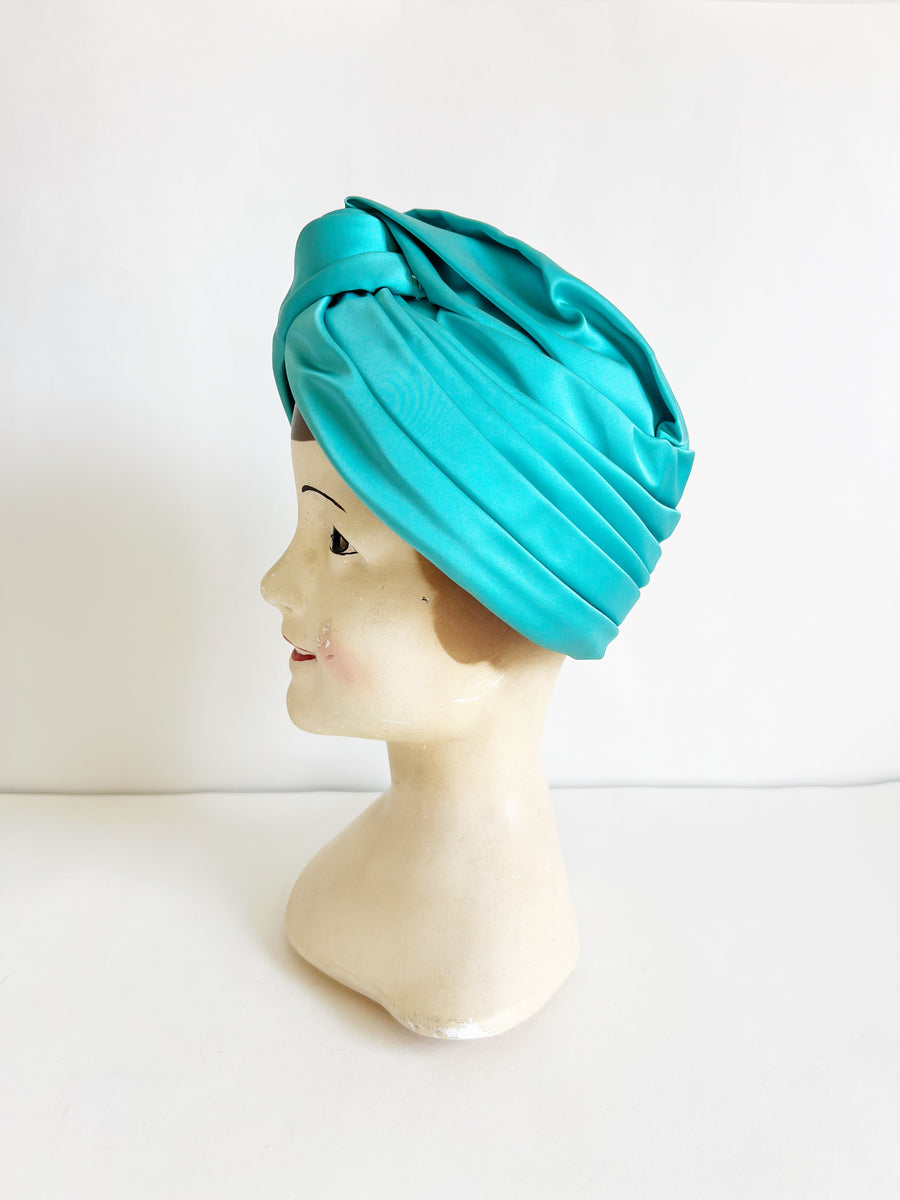 1960s Vintage Turquoise Satin Turban Hat Eleventh House Vintage 1960s-vintage-turquoise-satin-turban-hat-eleventh-house-vintage