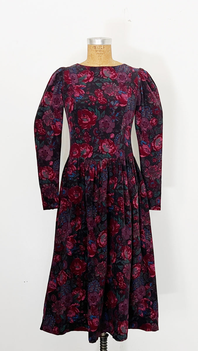 1980s Laura Ashley Purple Floral Corduroy Dress / Extra Small