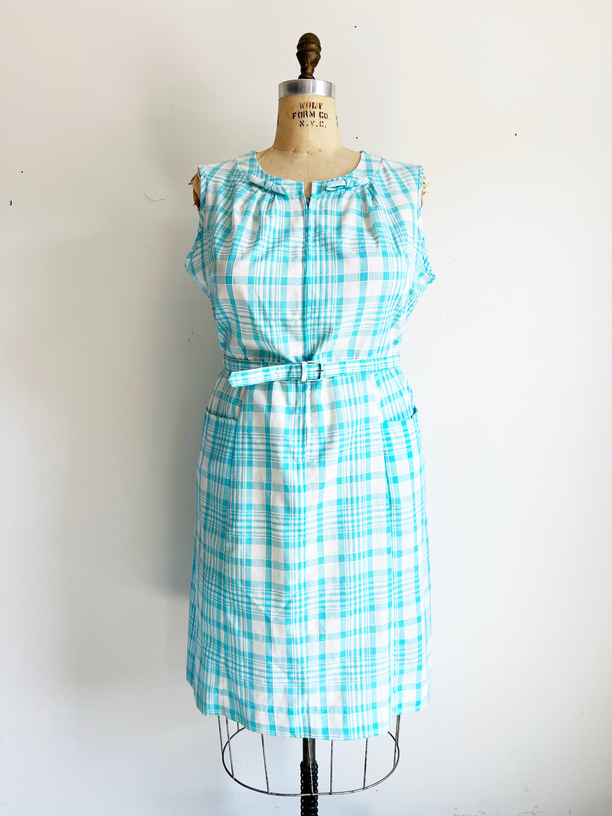 blue dress for baby girl 1950s / 60s Blue and White Plaid Zip-Front House Dress / 1X / 2X