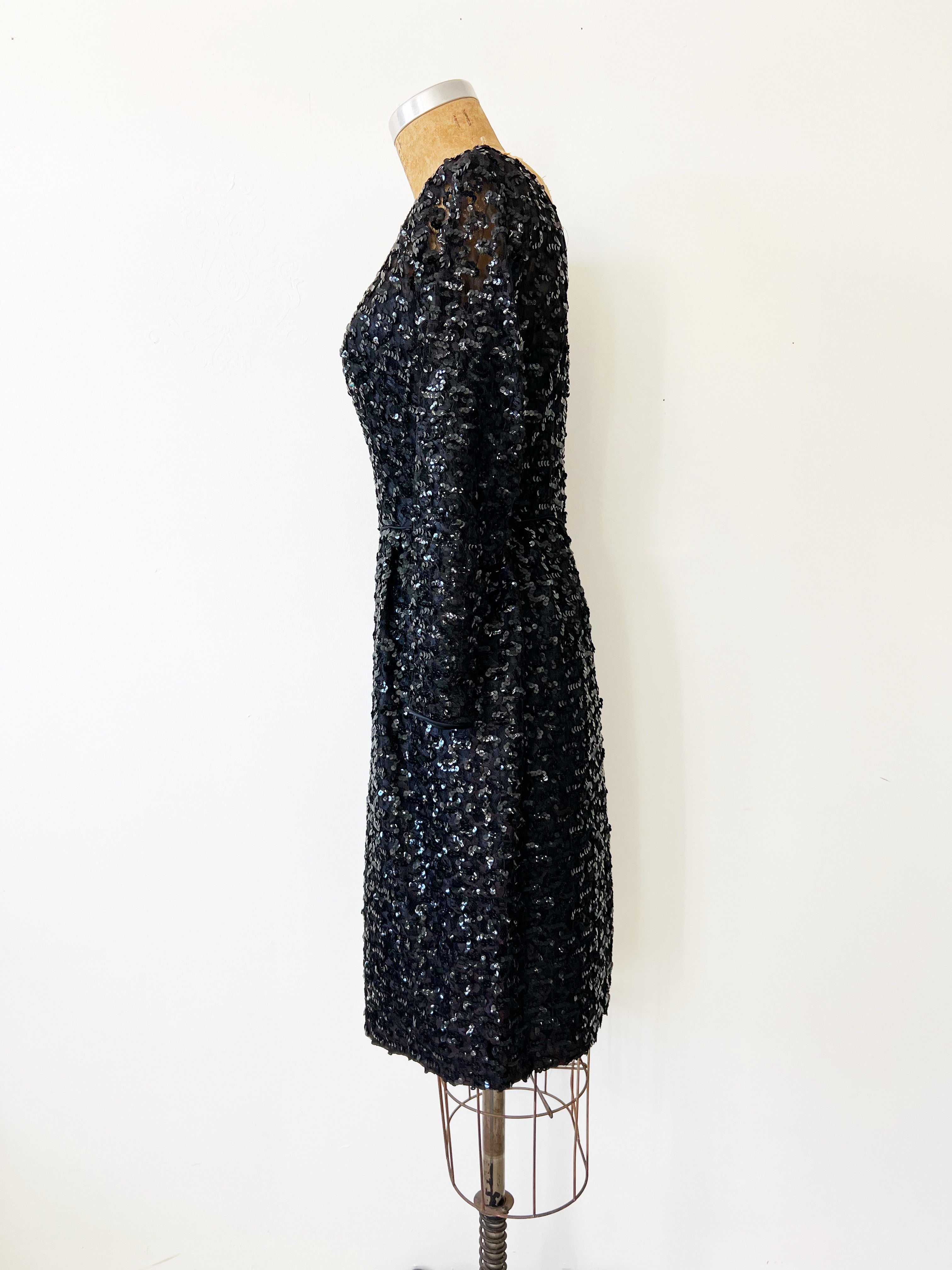 1960s Vintage Black Sequin Party Dress / Small 1960s Vintage Black Sequin Party Dress / Small