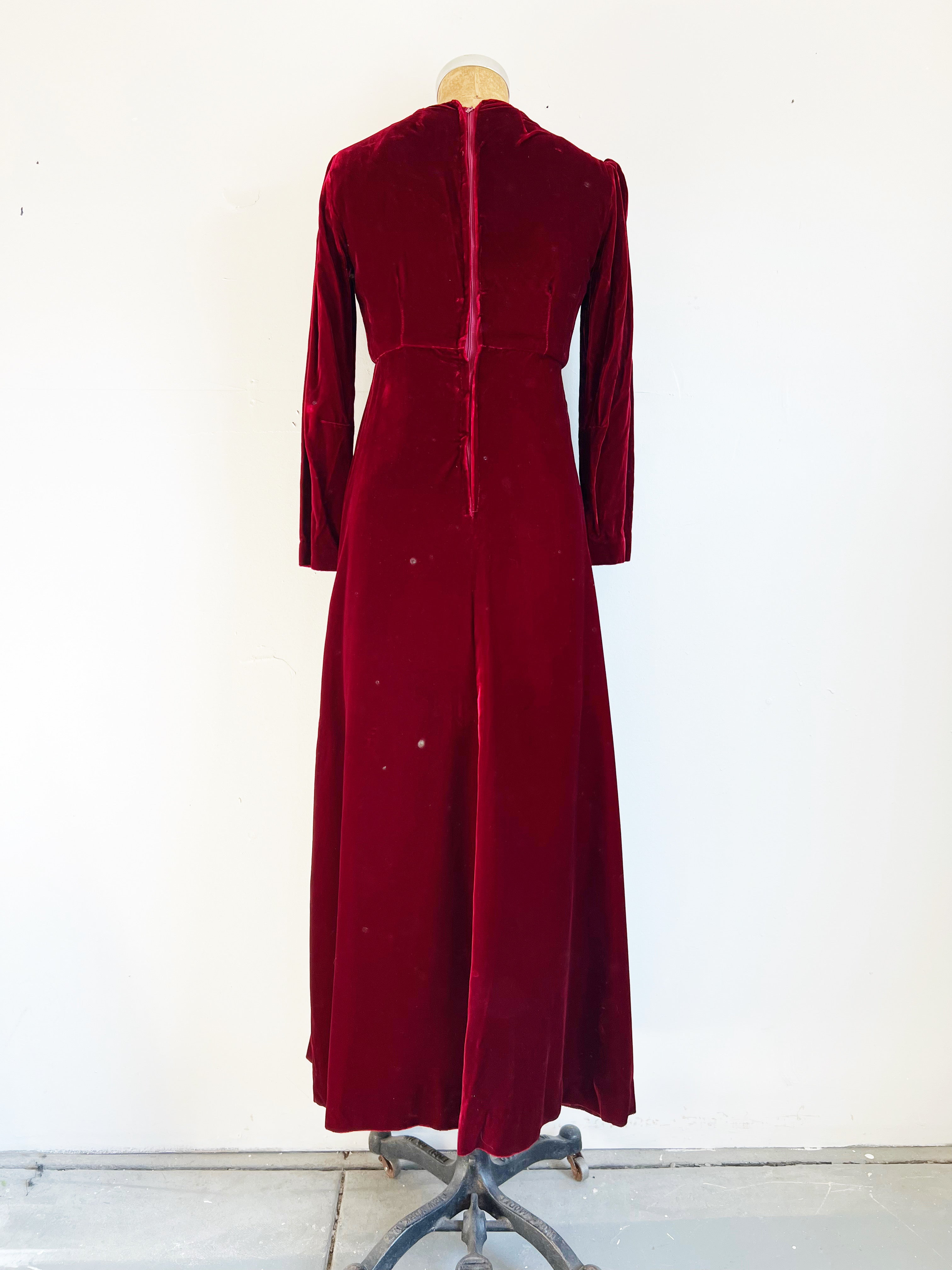 1960s Vintage Handmade Burgundy Velvet Gown / Extra Small 1960s Vintage Handmade Burgundy Velvet Gown / Extra Small