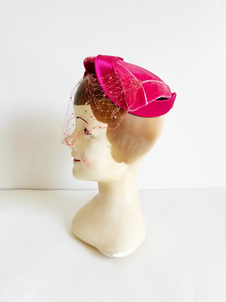 1950s Vintage Hot Pink Velvet Hat with Veil by Cele Thal