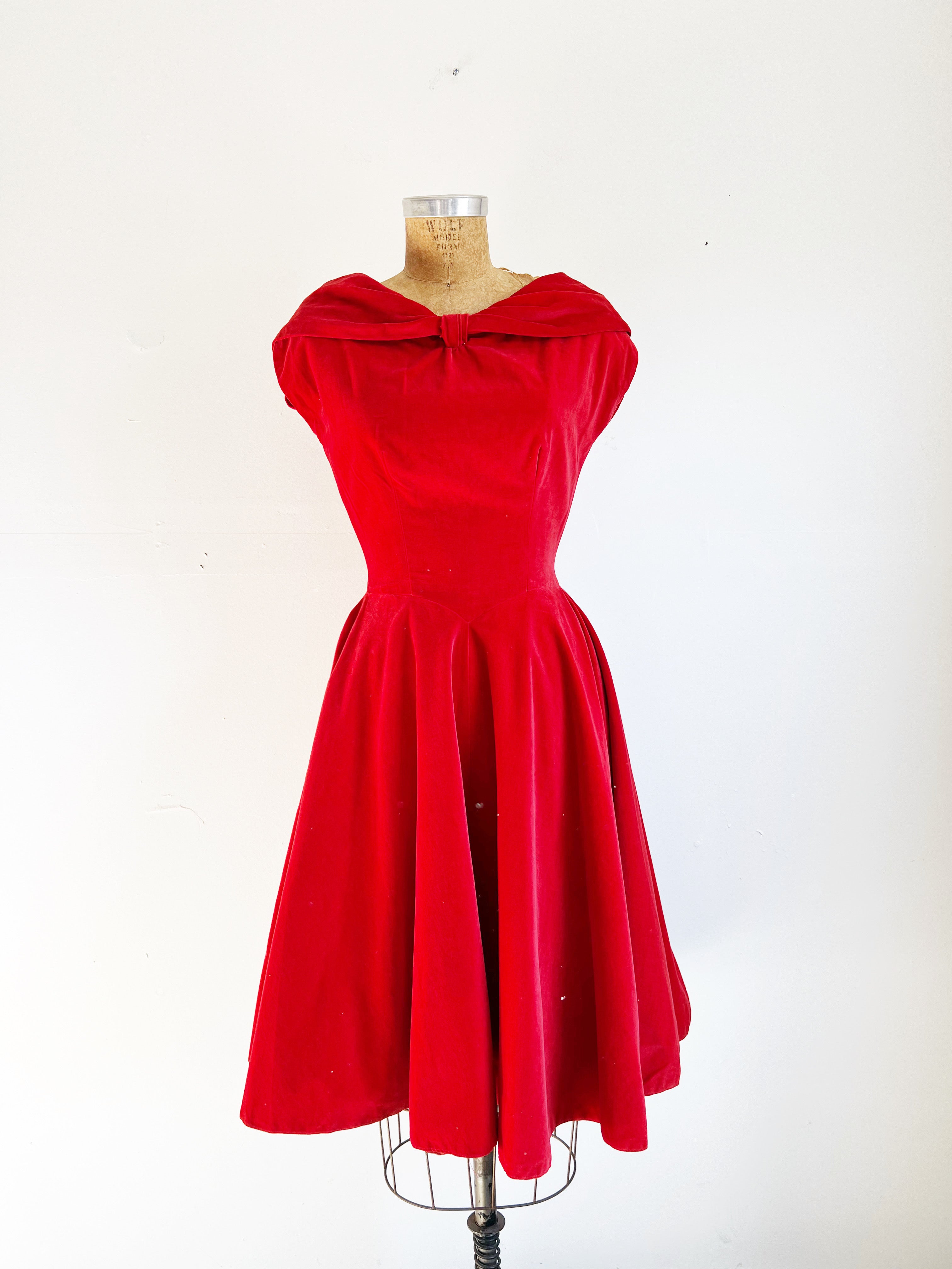 1950s Vintage Red Velveteen Fit and Flare Party Dress / Extra Small 1950s Vintage Red Velveteen Fit and Flare Party Dress / Extra Small