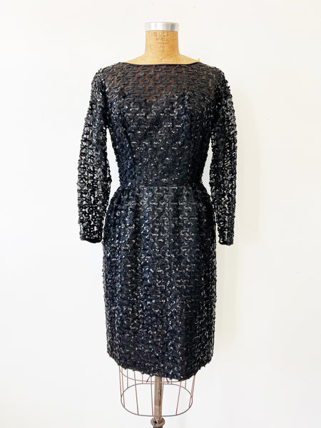 60s sequin dress 1960s Vintage Black Sequin Party Dress / Small