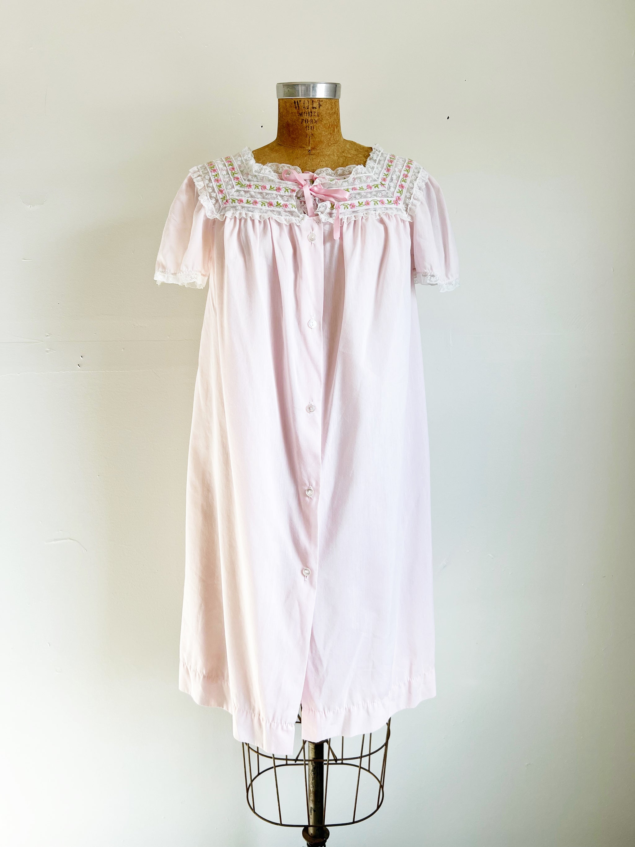 1960s Vintage Embroidered Pink Cotton Nightgown + Peignoir Set by  