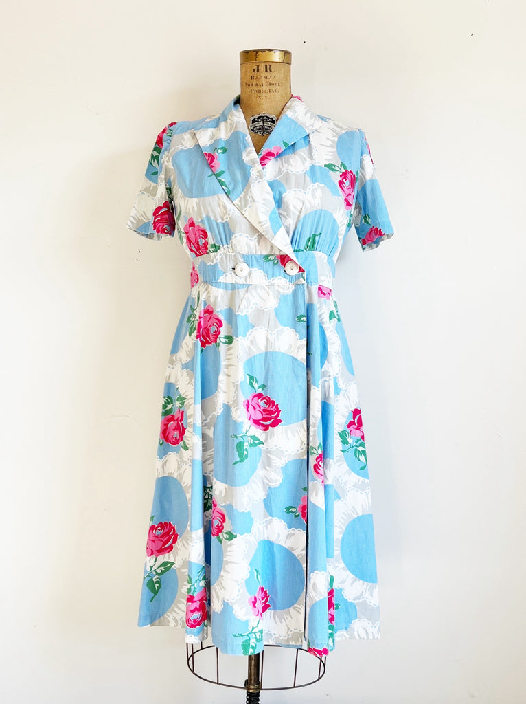 vintage house dress 1940s Vintage Blue Floral Cotton Wrap House Dress / Medium / Large – Eleventh House Vintage
