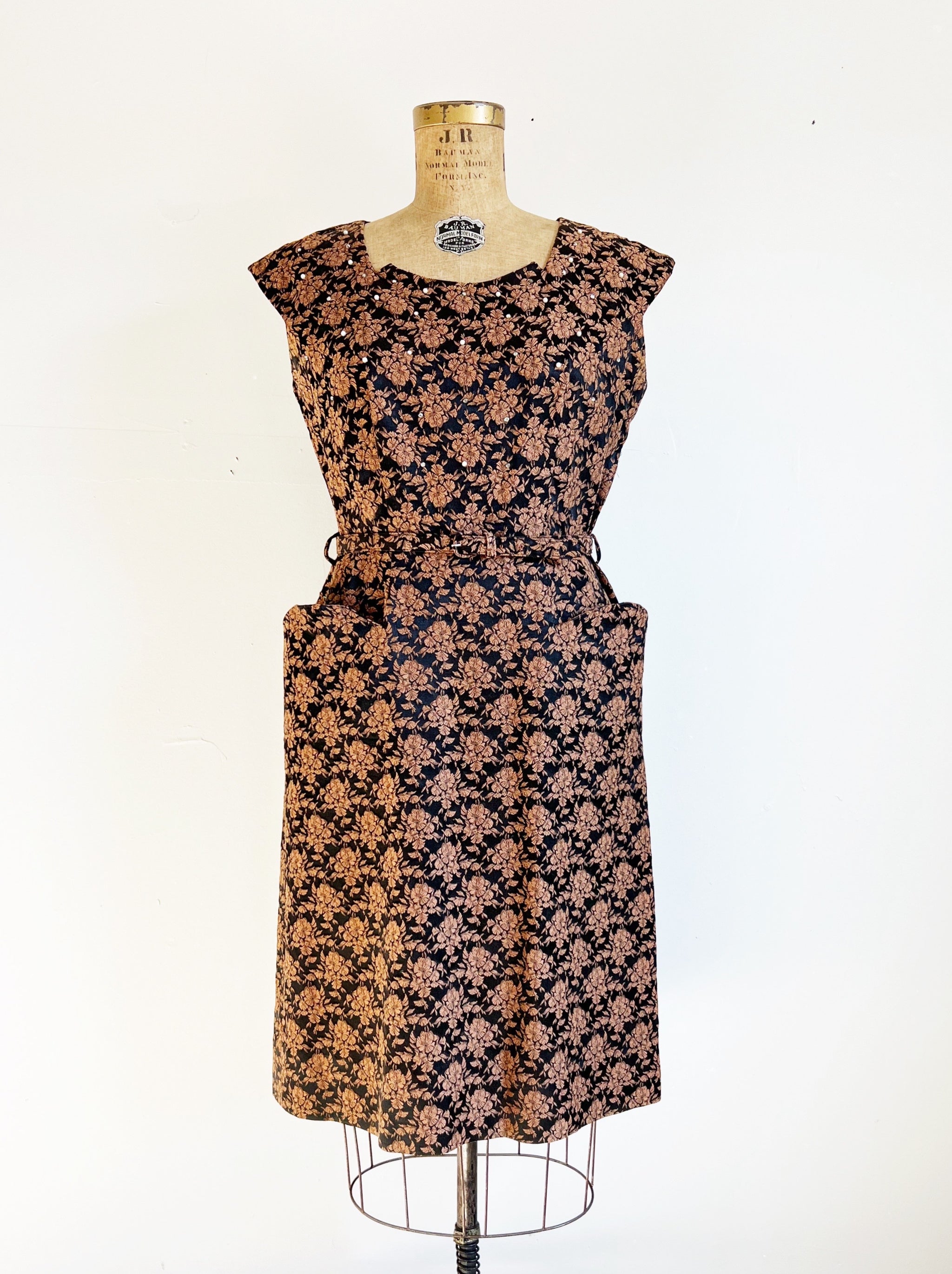 1950s Vintage Black Summer Sheath Dress with Yellow & White Floral Embroidery, retailer B44”