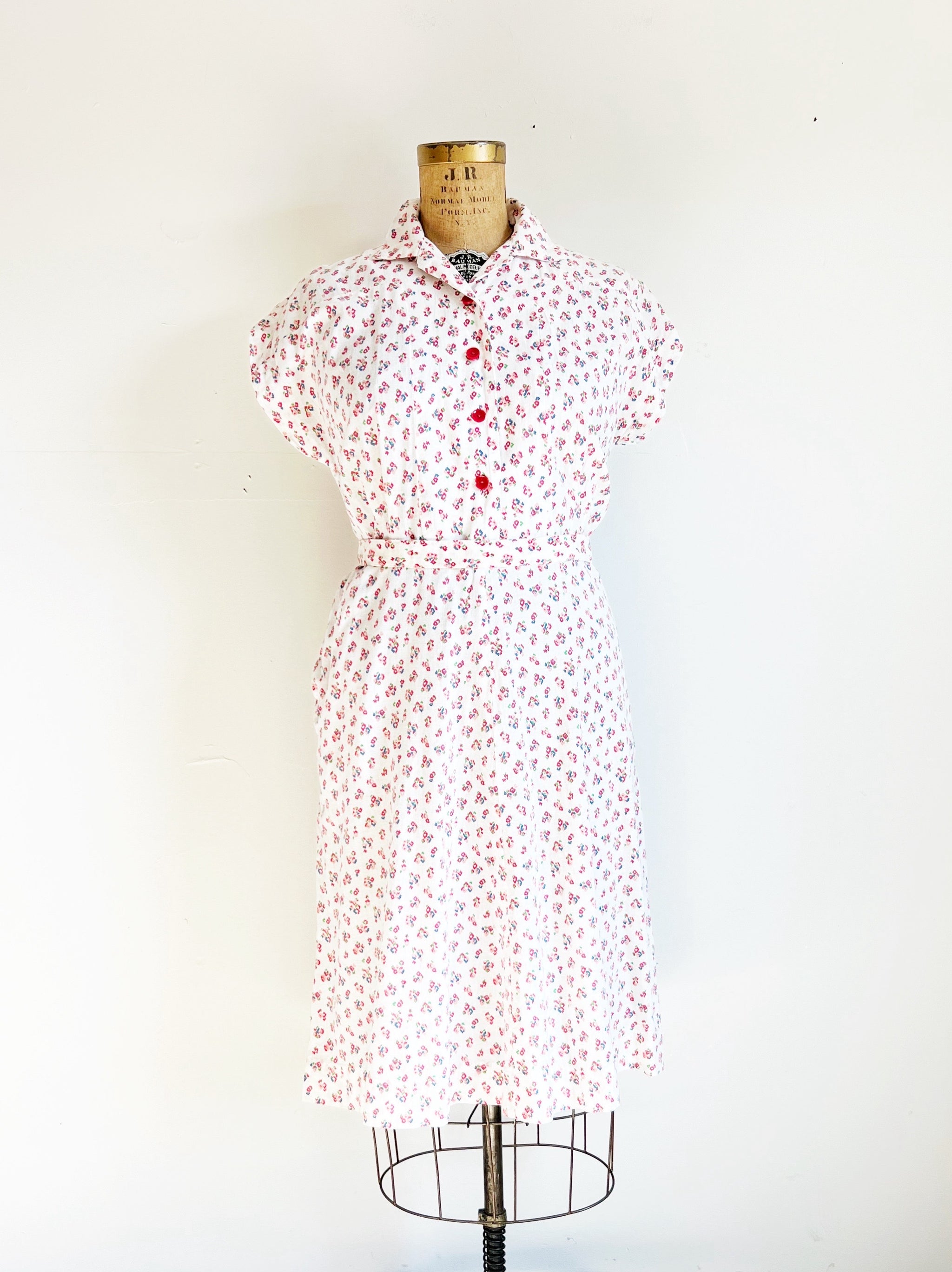 1940 shirt dress 1940s Vintage White + Pink Floral Belted Shirt Dress / Medium / Large