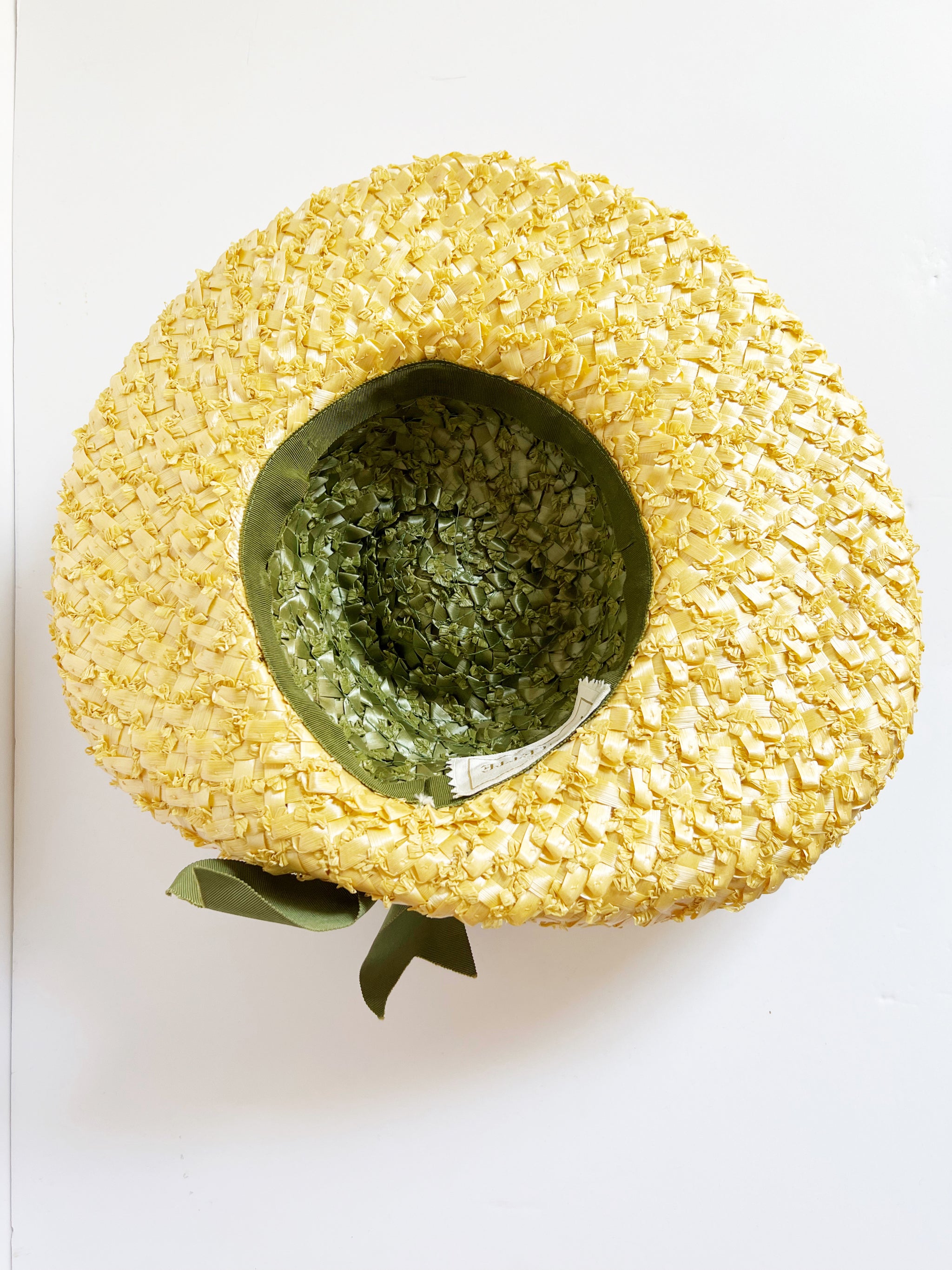 DREAMY 1950s\' PALE YELLOW HAT WITH GROSGRAIN ROSETTES + VEIL Natural Colored Open Crown Wide Brim Hat with Roses circa  main image 3